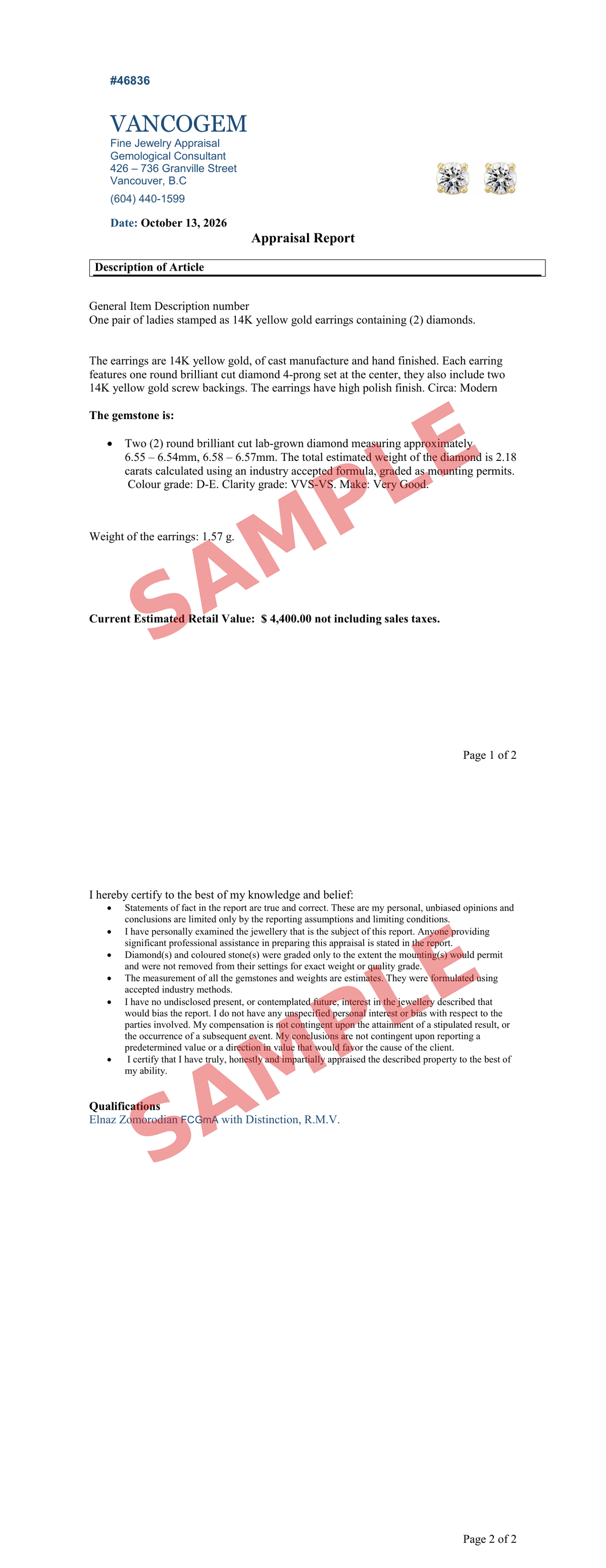 Sample third-party appraisal - earrings