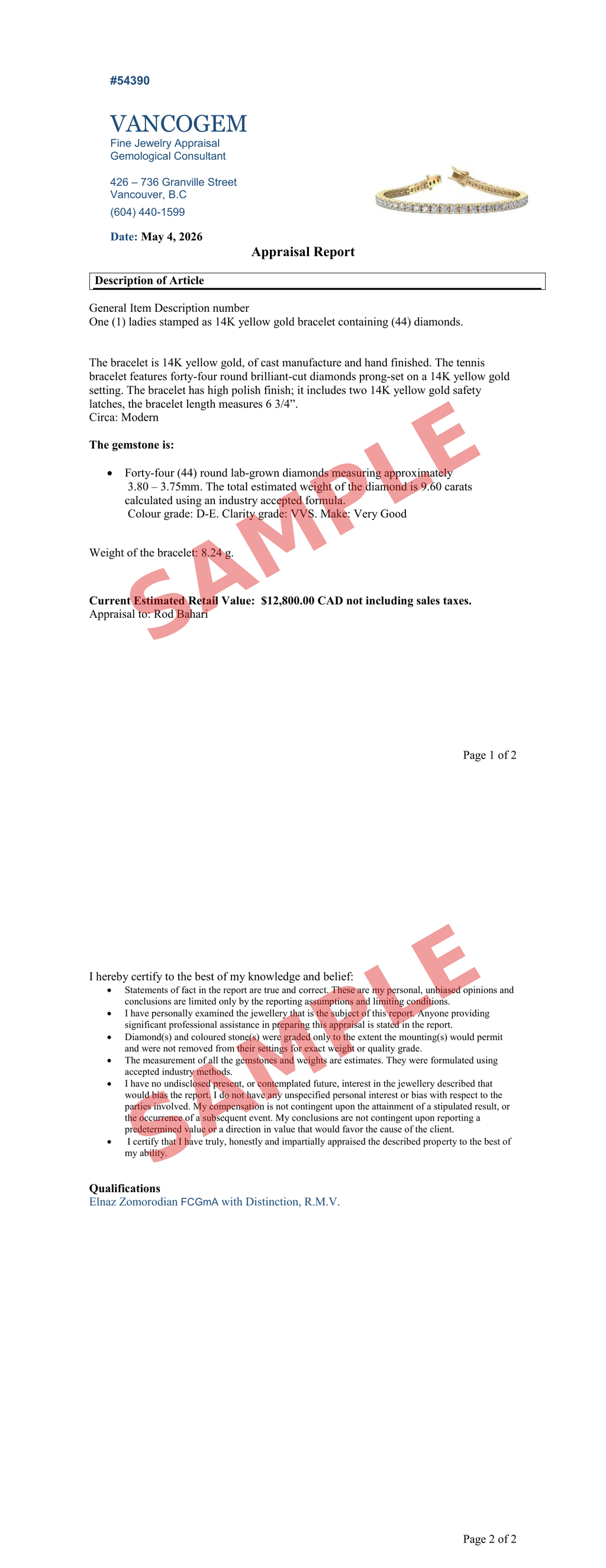 Sample third-party appraisal - tennis bracelet